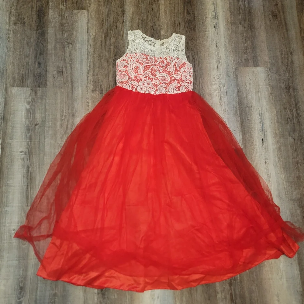 Girls‎ Embroidery Flower Lace Puffy Sleeveless Red Dress Tulle  Size 14/16